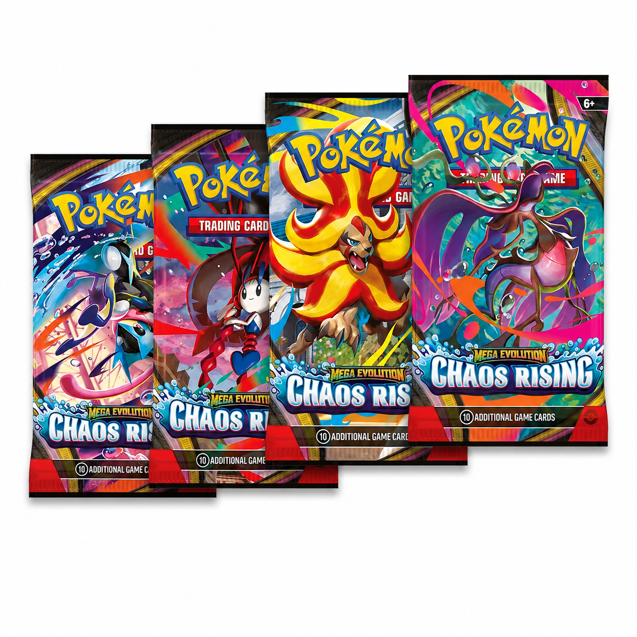 Chaos Rising Pokémon booster packs with collectible trading cards, rare pulls, and unique Pokémon artwork in sealed packs