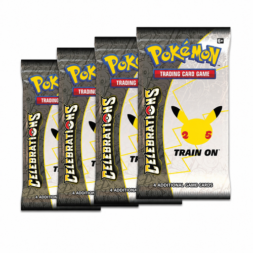 Pokémon Celebrations booster packs featuring 25th anniversary Pokémon cards, classic reprints, and nostalgic collectible chase cards